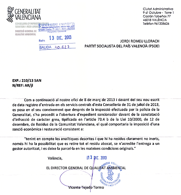 La Conselleria de medi ambient dona la raò al PSPV-VINARÒS i inicia un expedient sancionador contra l’ajuntament de vinaròs.La Conselleria de medi ambient dona la raò al PSPV-VINARÒS i inicia un expedient sancionador contra l’ajuntament de vinaròs.